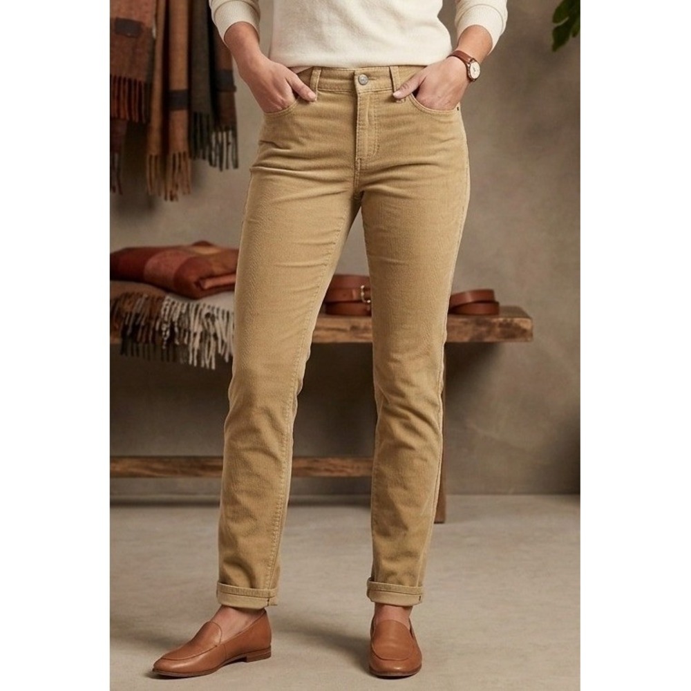 Uniqlo Women Corduroy Slim Straight Leg Pants 32" Waist Tan Khaki Stretch Casual